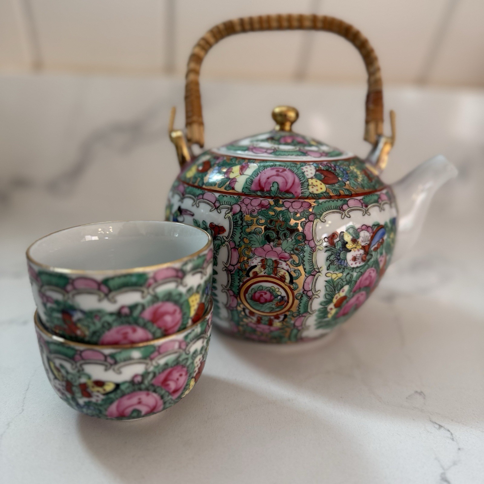 Vintage Rose Medallion Chinese Teapot Tea Set Hand Painted Pink & Green W/ Gold