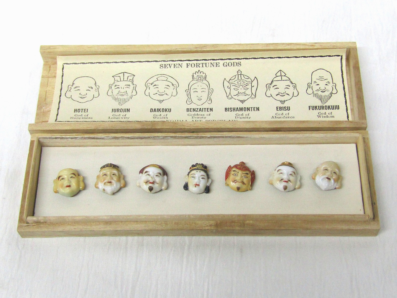 Japan Kojima Seven Gods of Fortune Porcelain Buttons, Original Box