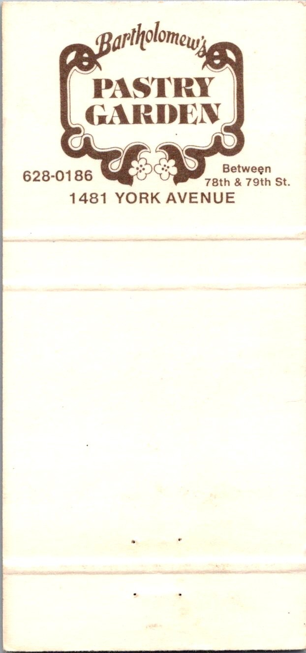 Bartholomew's Pastry Garden 1481 York Avenue Vintage Matchbook Cover TMM13-9 Bartholomew's Pastry Garden 1481 York Avenue Vintage Matchbook Cover TMM13-9