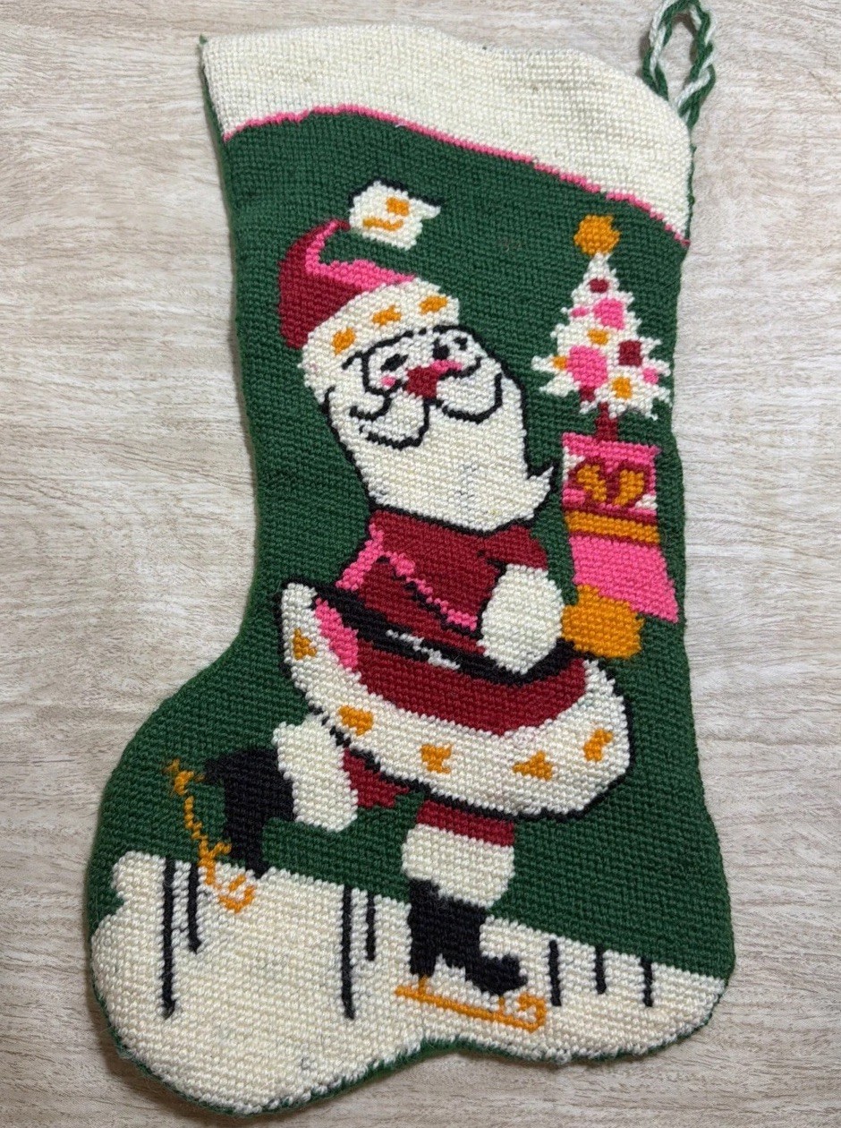 Vintage Hand-Worked Bucilla Santa Needlepoint Christmas Stocking Beautiful