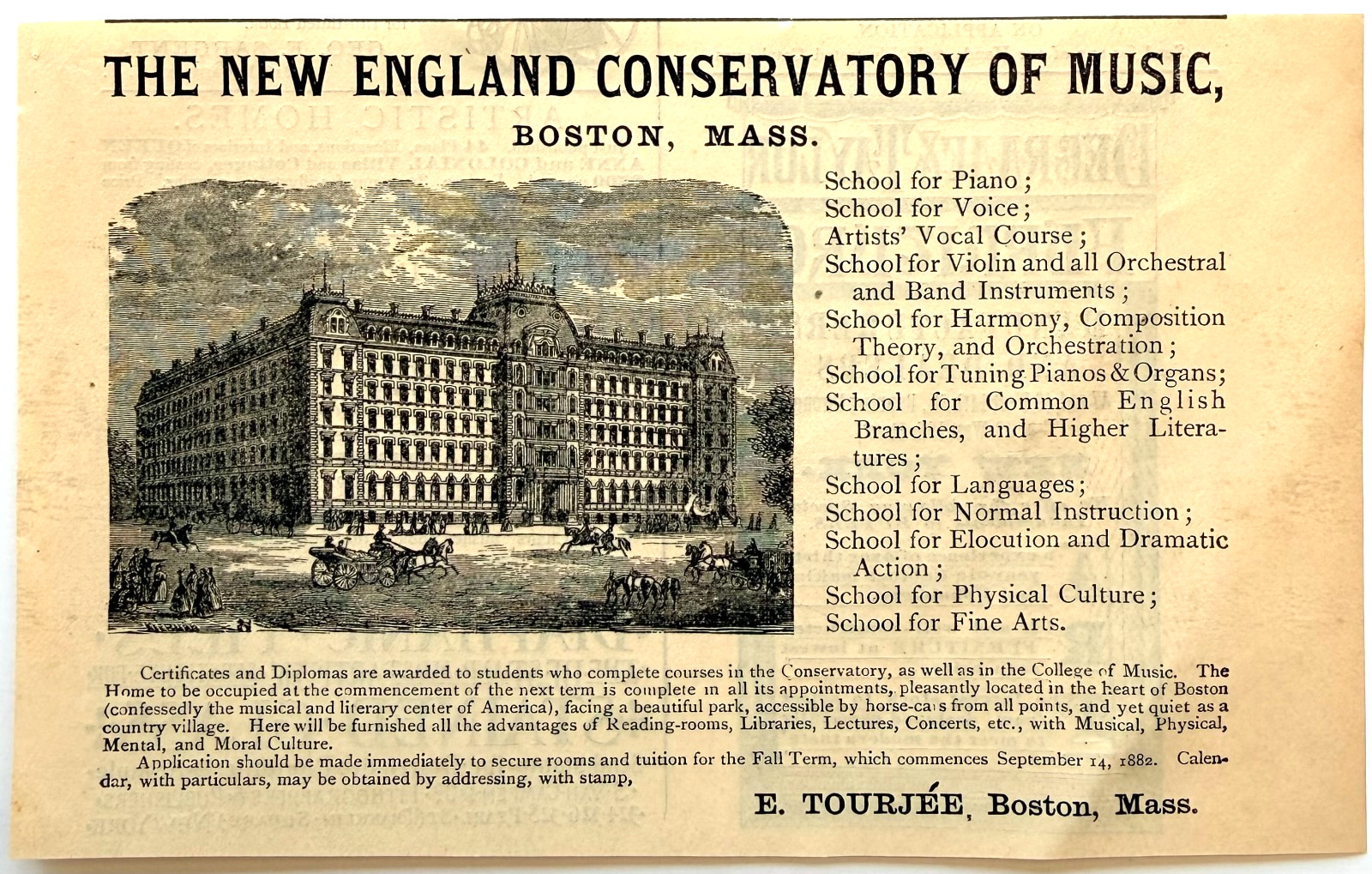 1882 New England Conservatory Of Music Advertisement Victorian Wood Engraving