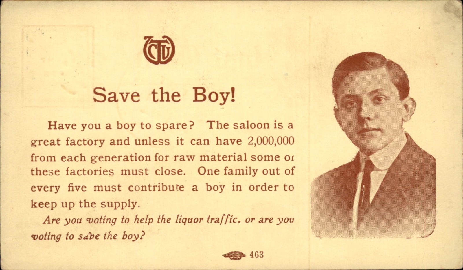 W.C.T.U. anti-saloon propaganda SAVE THE BOY c1900s-10s Vintage Postcard bhn