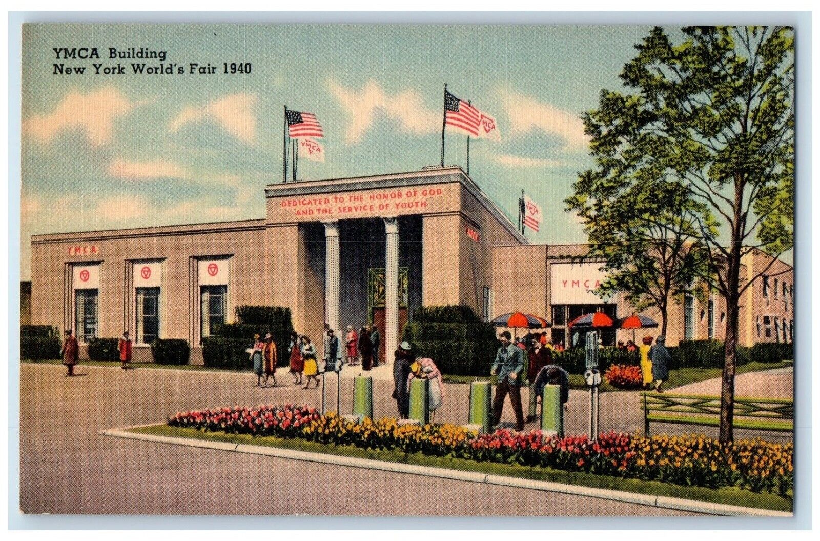 1940 YMCA Building New York Worlds Fair Flag Street Exterior Vintage NY Postcard