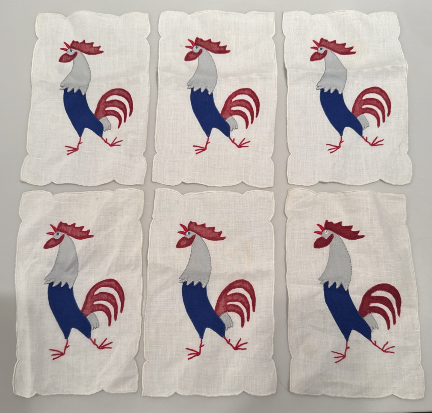 Vintage Madeira 6 Cocktail Napkins 1950s Rooster Embroidered Appliqué Linen 6