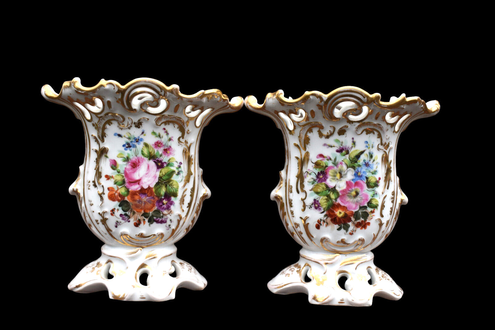 PAIR antique french vieux paris porcelain hand paint floral vases