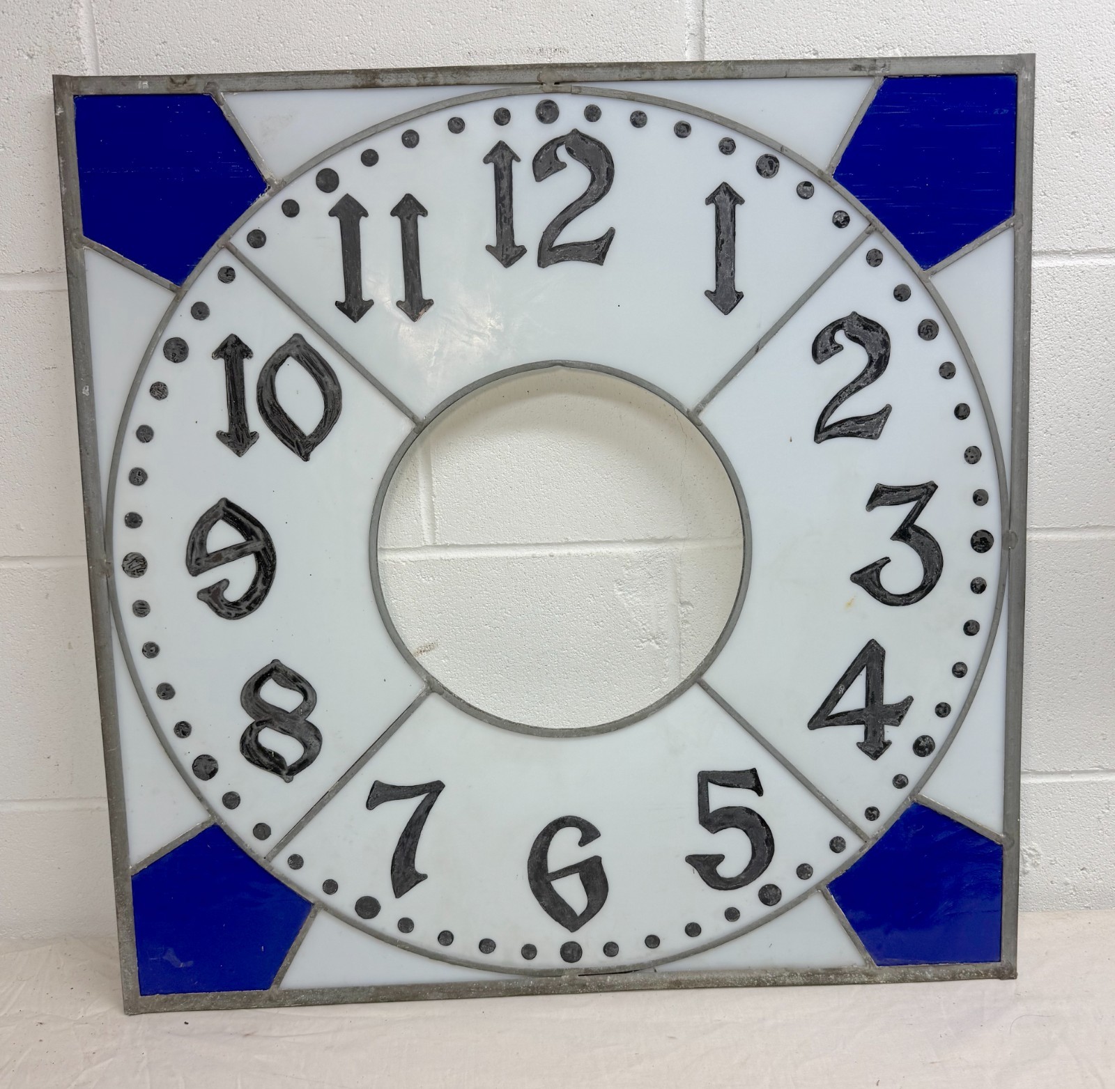 Large Antique O.B. McClintock stained leaded glass bank clock face panel window