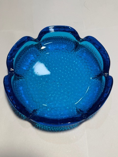 Vintage Cobalt Blue Lotus Glass Ashtray Pebble Textured MCM 4 Rest - 6