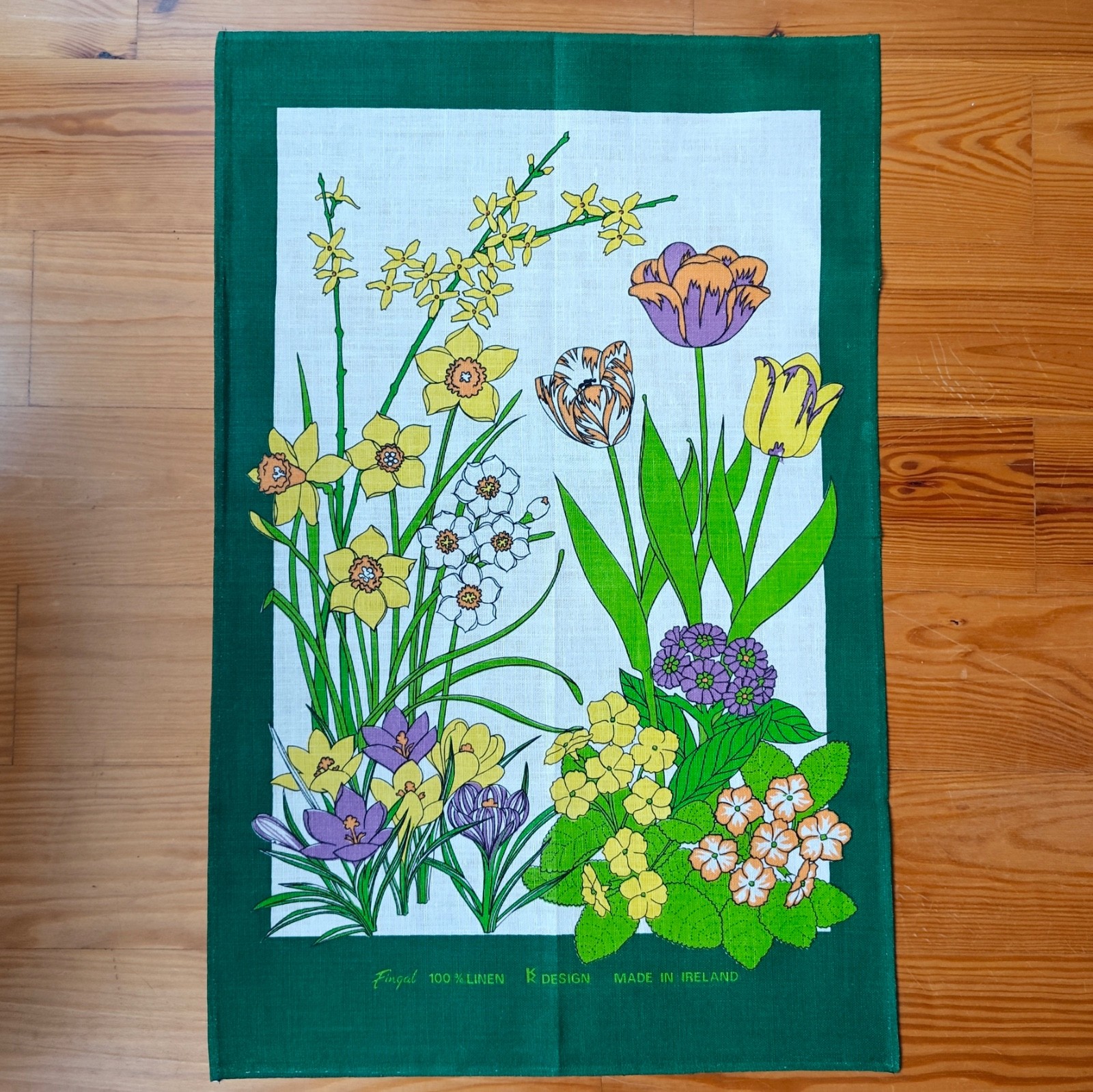 Vintage Fingal Tea Towel Wall Art Irish Linen Green Floral NOS NEW Botanical