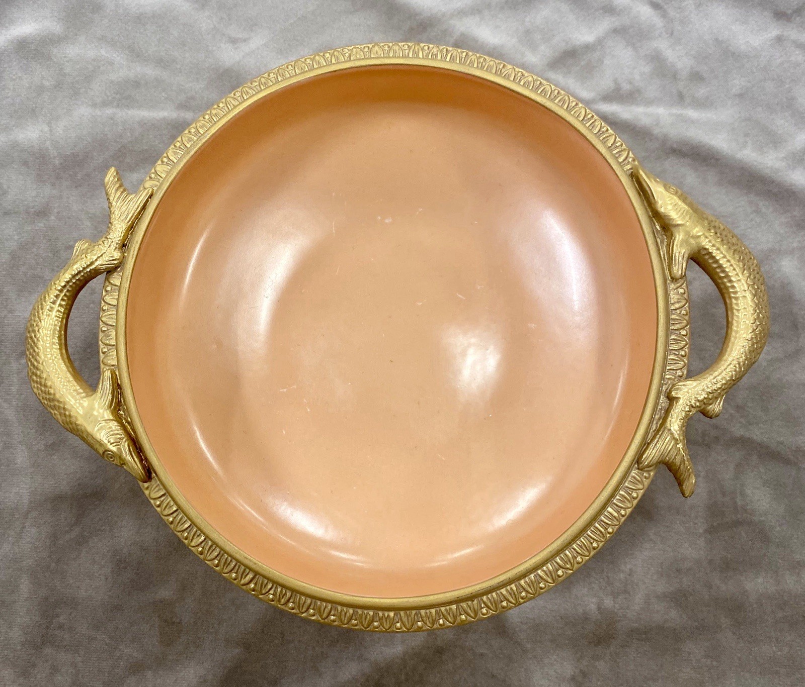 Agostinelli Italian Salmon Pink Porcelain Bronze Dolphin Handle Dish 9x4