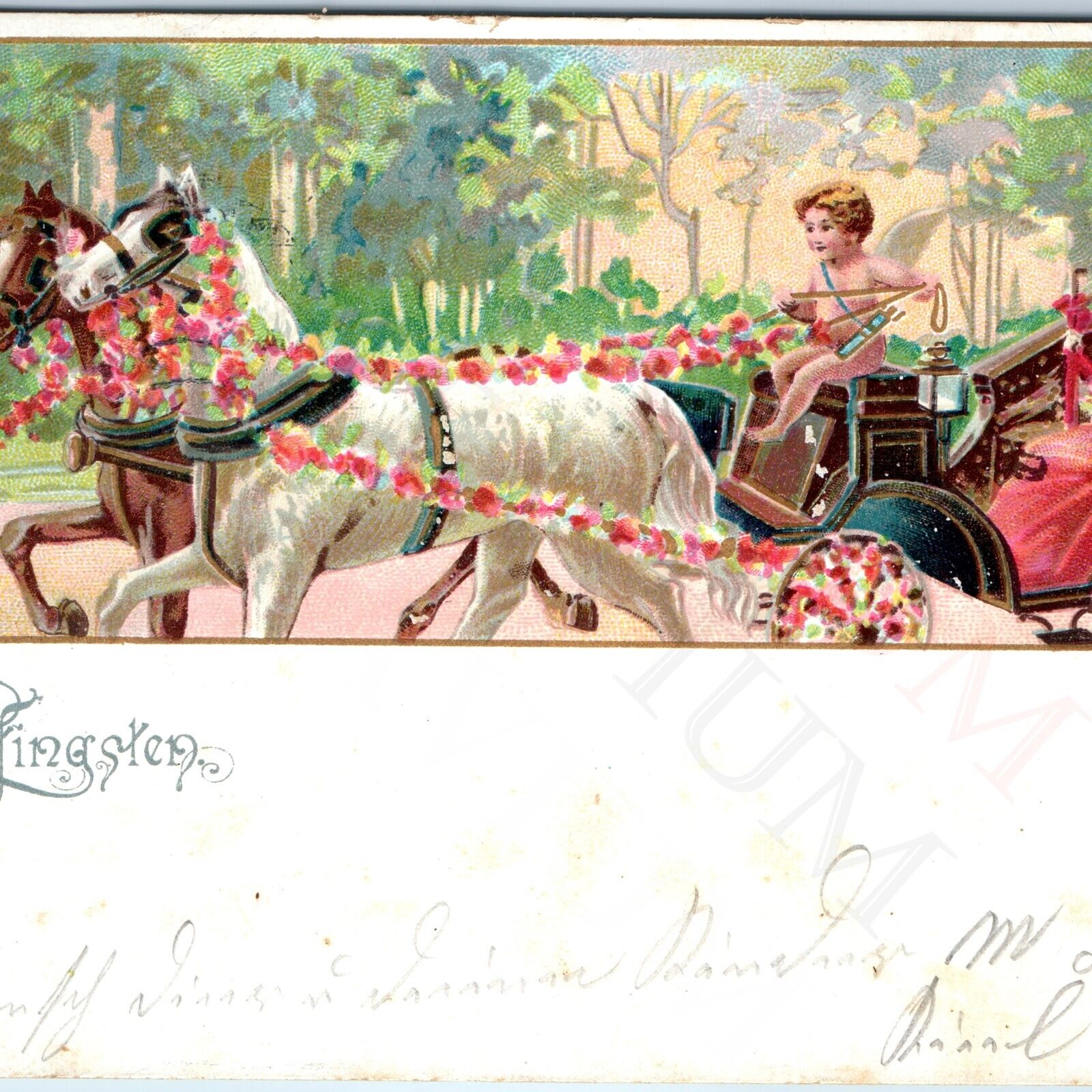 c1900s UDB Cherub Cupid Flower Carriage Litho Colorful Happy Kings Postcard A192