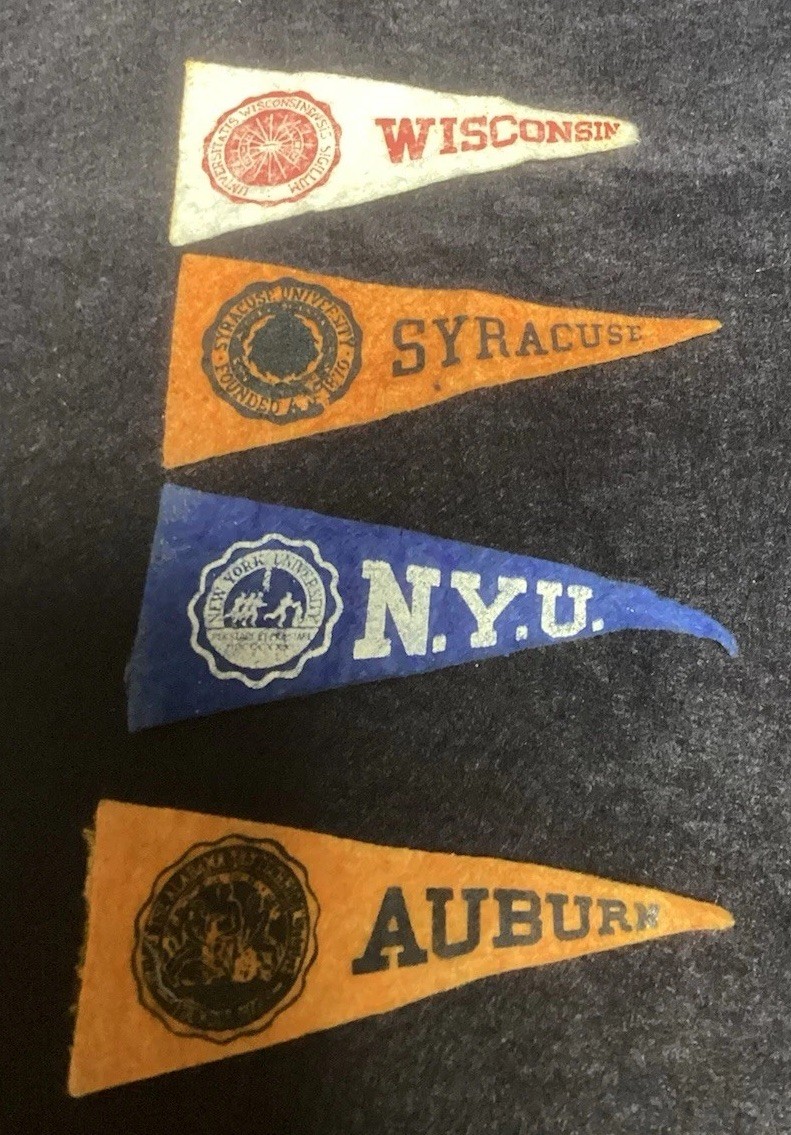 4 Vintage Mini College Pennants -Auburn, NYU,  Syracuse, University of Wisconsin