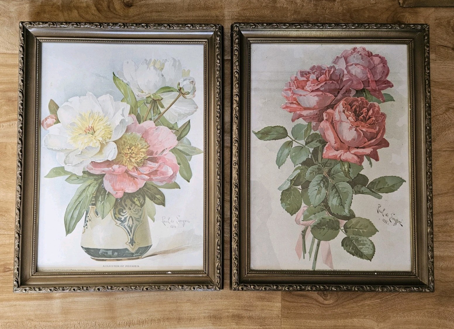 Antique Paul De Longpre Framed Pictures,  Roses And Cluster Of Peonies, 1895
