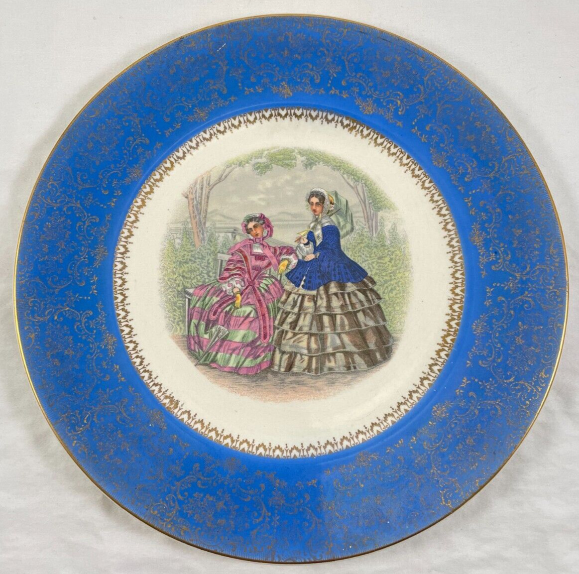 Colonial Ladies Dinner Plate Blue Century By Salem 23k Gold Filigree 11” VTG