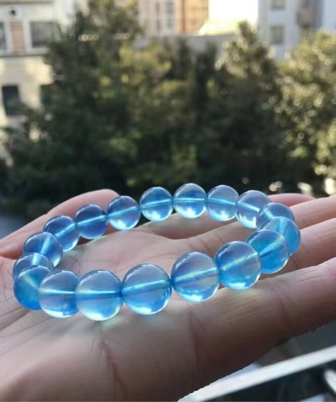 12mm Genuine Natural Blue Aquamarine Gemstone Crystal Round Bead Bracelet AAAA