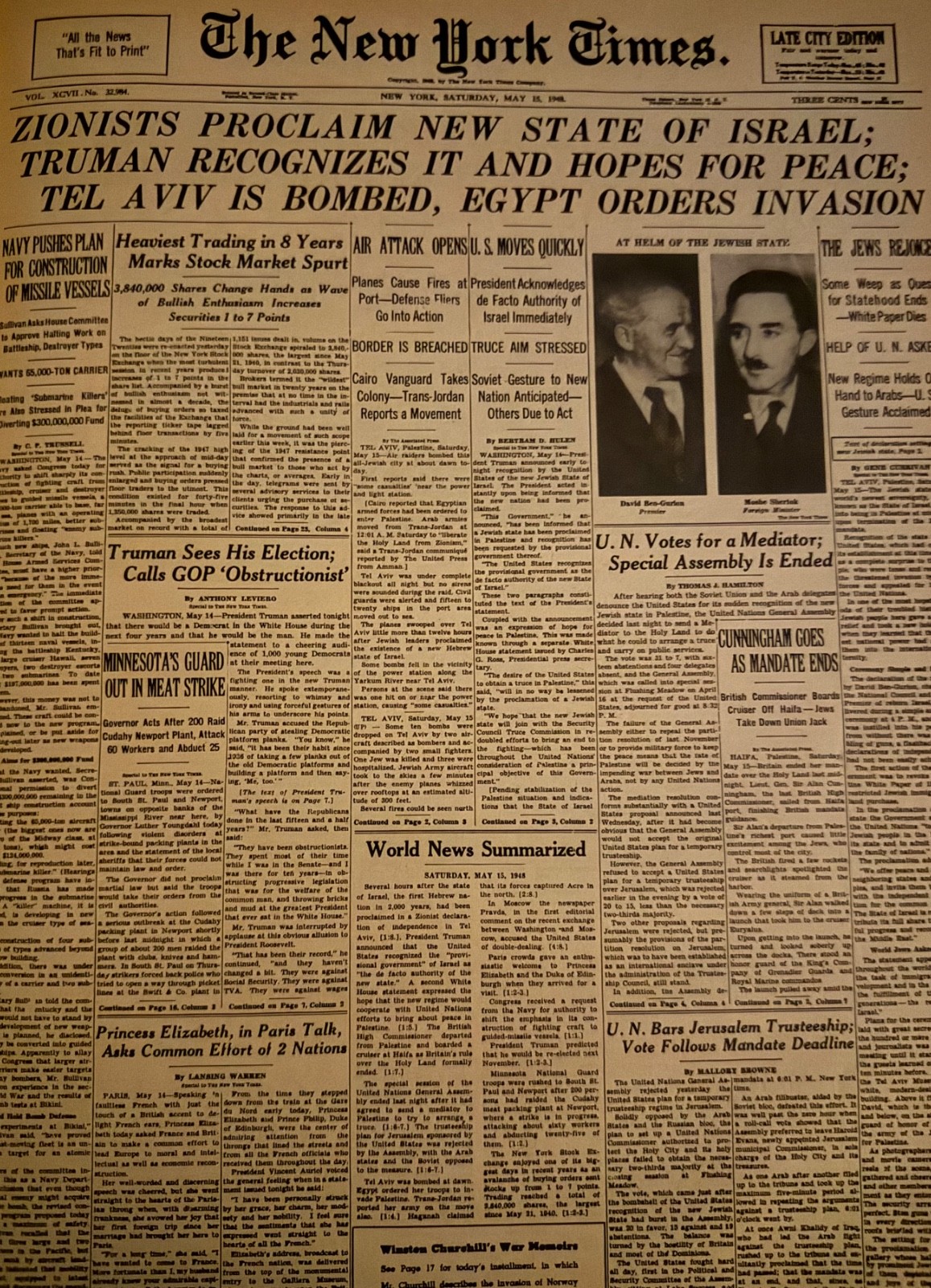 Vintage New State of Israel is Proclaimed NEW YORK TIMES News Article