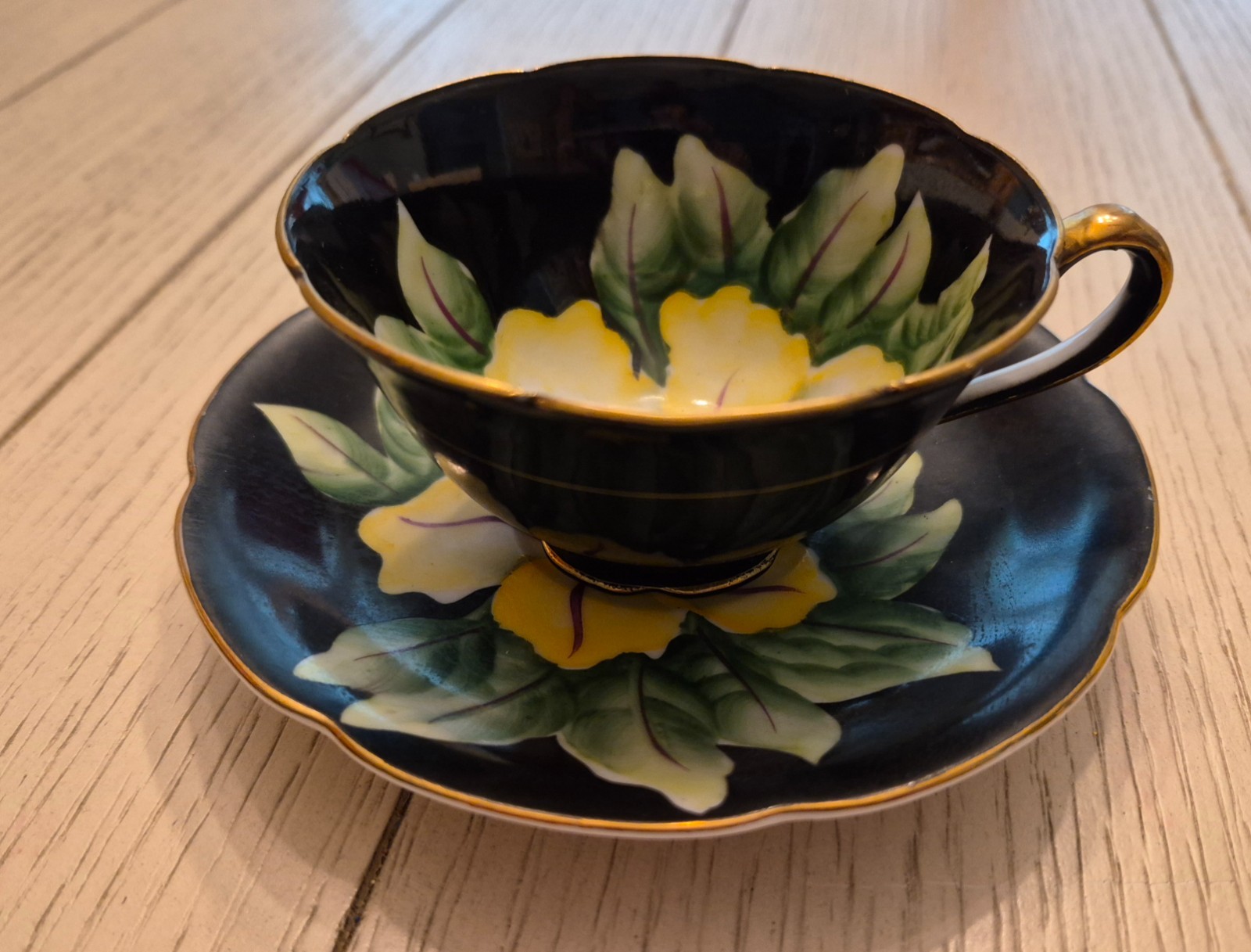 Vtg. Chugai China Made In Occupied Japan Cup & Saucer Black With Yellow Floral