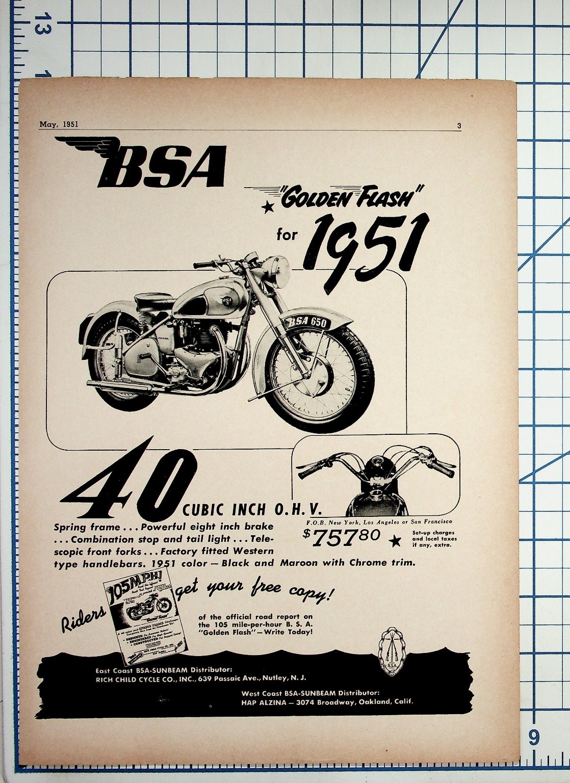 1951 BSA Golden Flash Motorcycle Vintage Magazine Ad May 1951 Ephemera