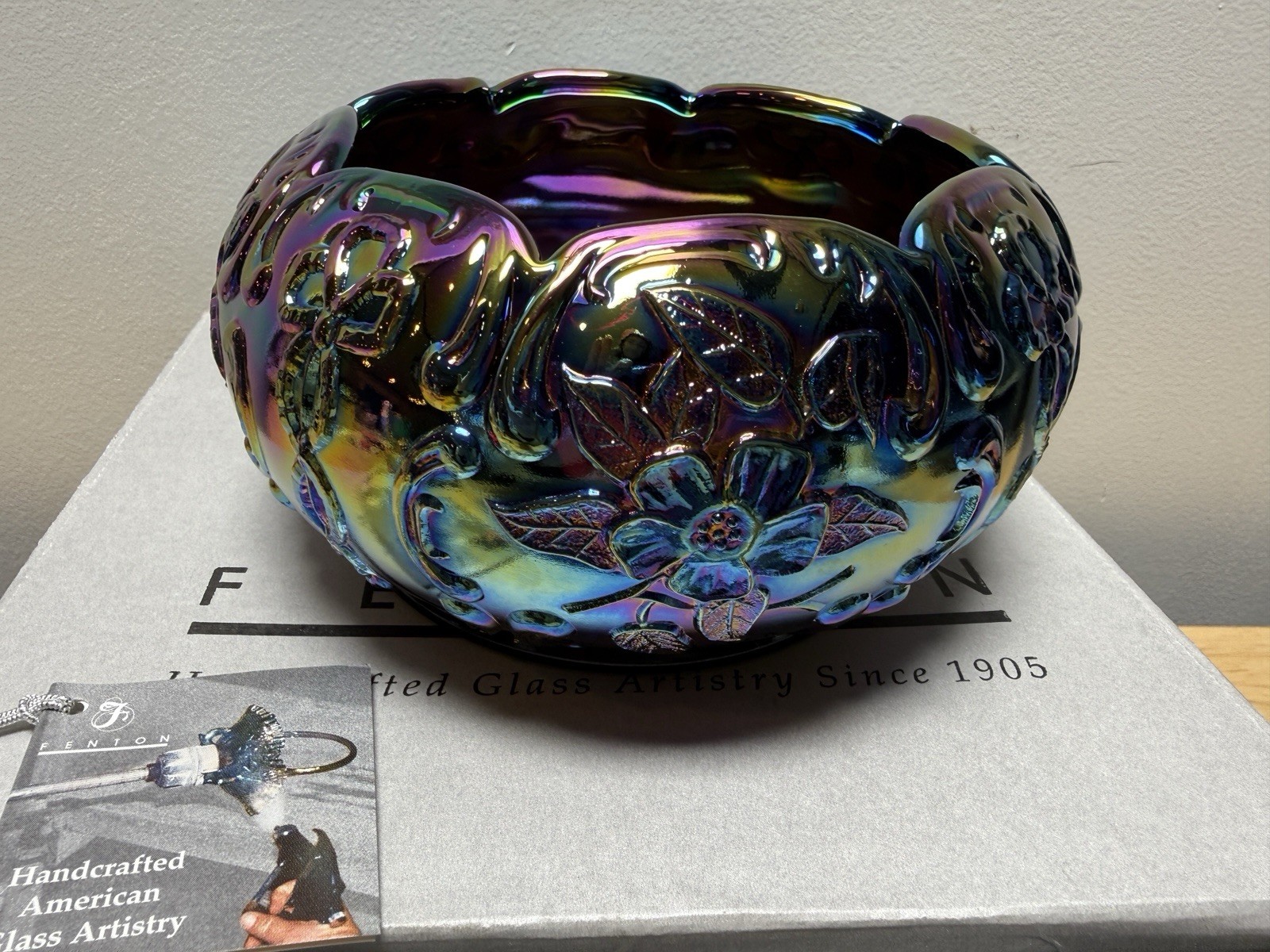 Vintage Fenton Carnival Glass Rose Bowl Shaped Candleholder W/ Tags And Orig Box