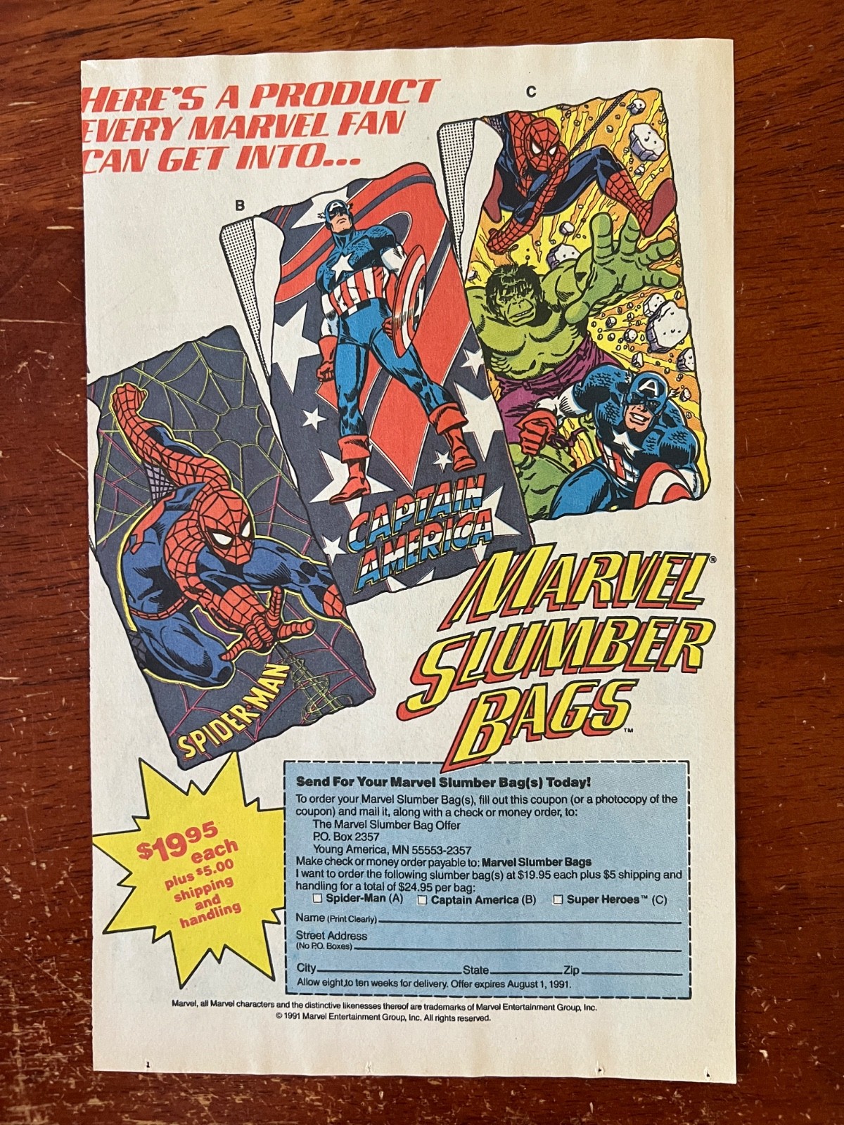 1991 VINTAGE 6.5X10 PRINT Ad FOR MARVEL SLUMBER/SLEEPING BAGS SPIDER-MAN,HULK++