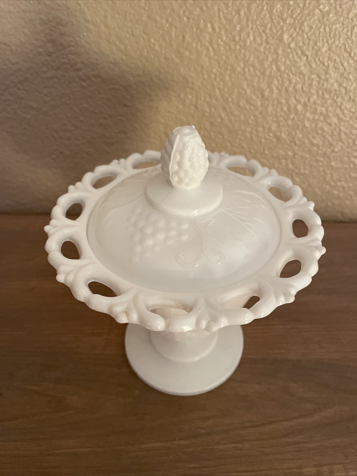 Vintage Milk Glass Pedestal Covered Candy Dish Compote with Lid Grape Pattern
