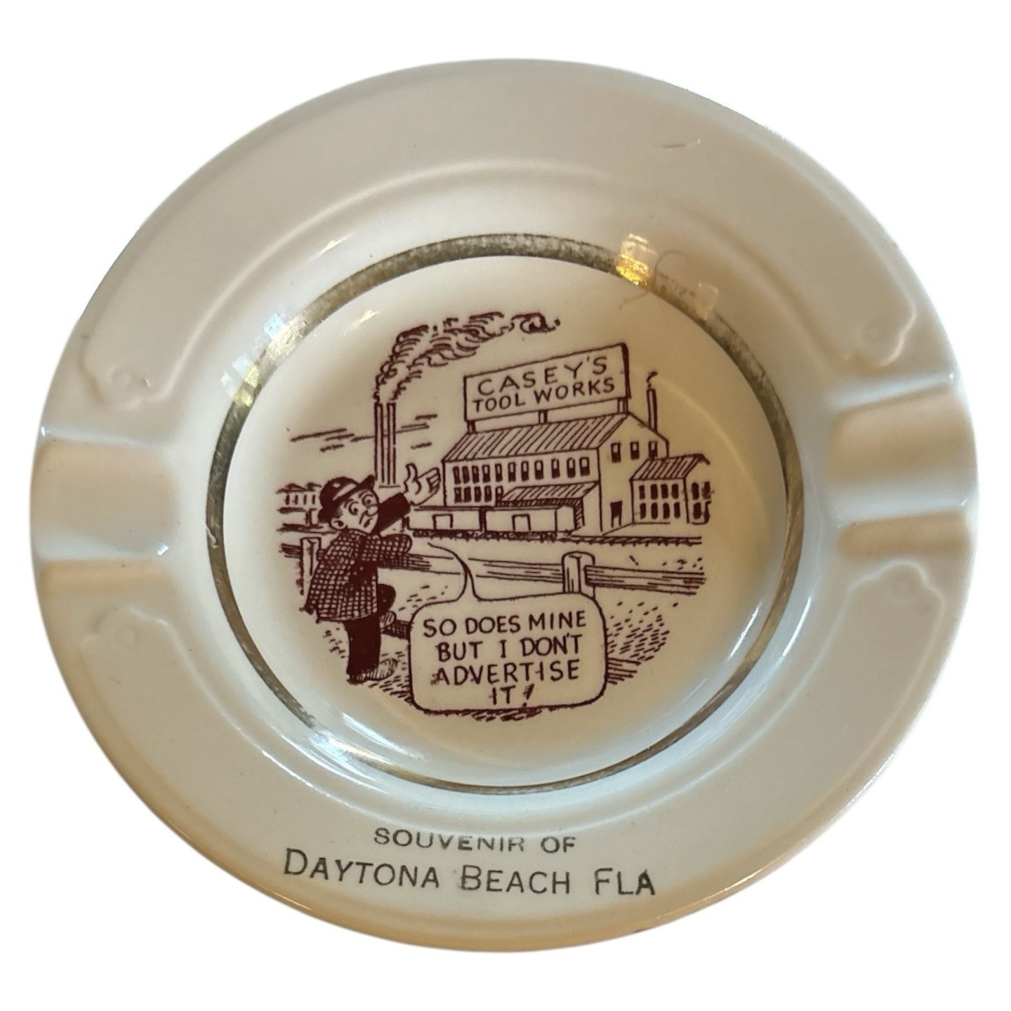 Vintage Casey’s Tool Works Daytona Novelty Souvenir Gold Trim Ceramic Ashtray