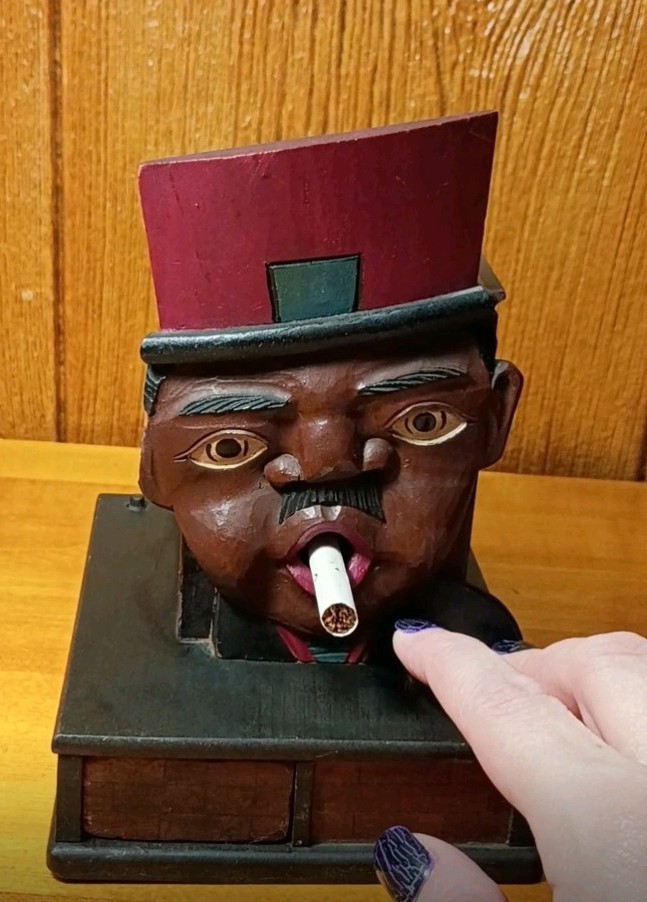 Vintage Folk Art Man Cigarette Mechanical Wood Dispenser Used - Ear Missing