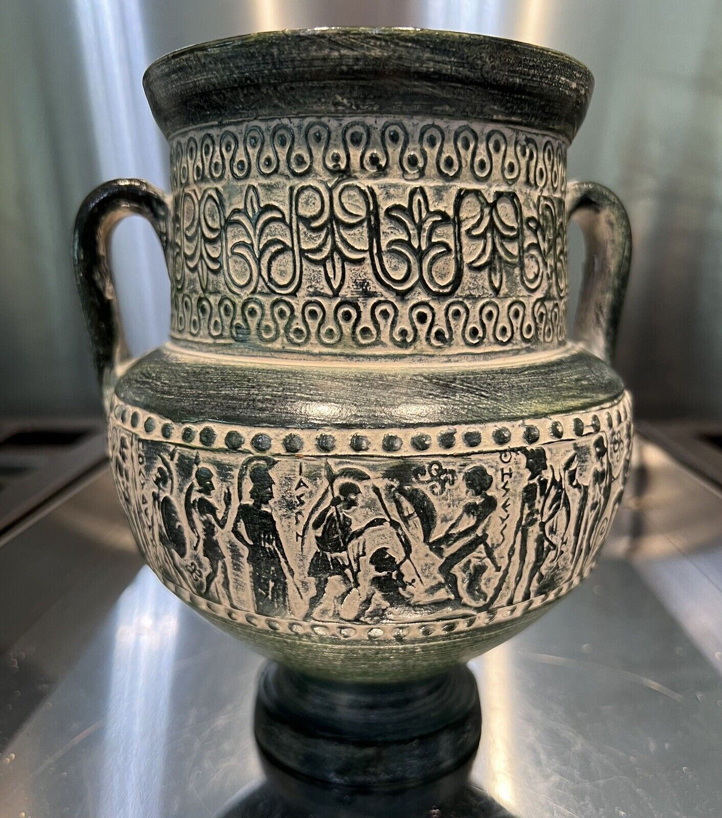 art pottery Greek Vase Figural Relief Design Green 