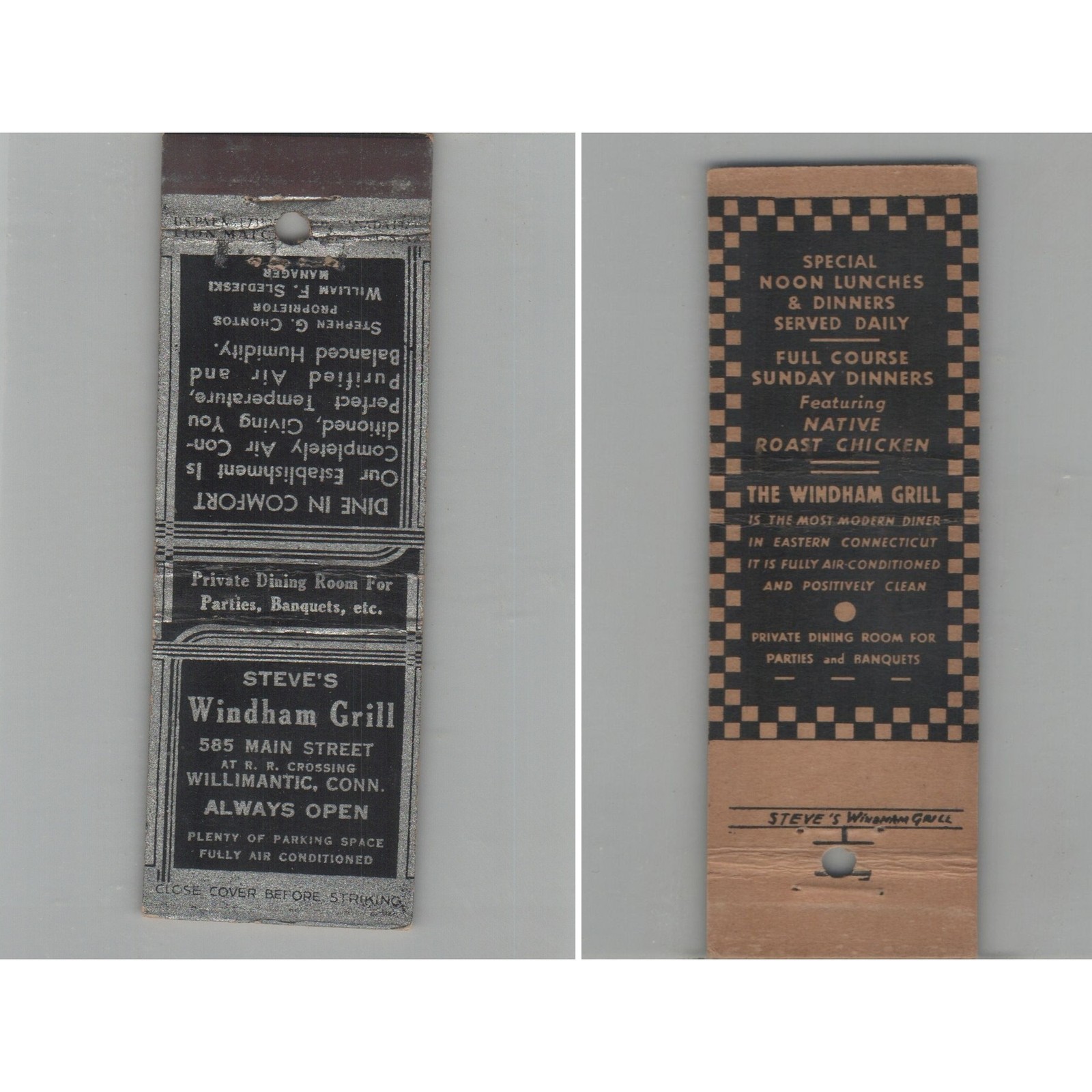 Matchbook Cover Steve\'s Windham Grill Restaurant Willimantic CT