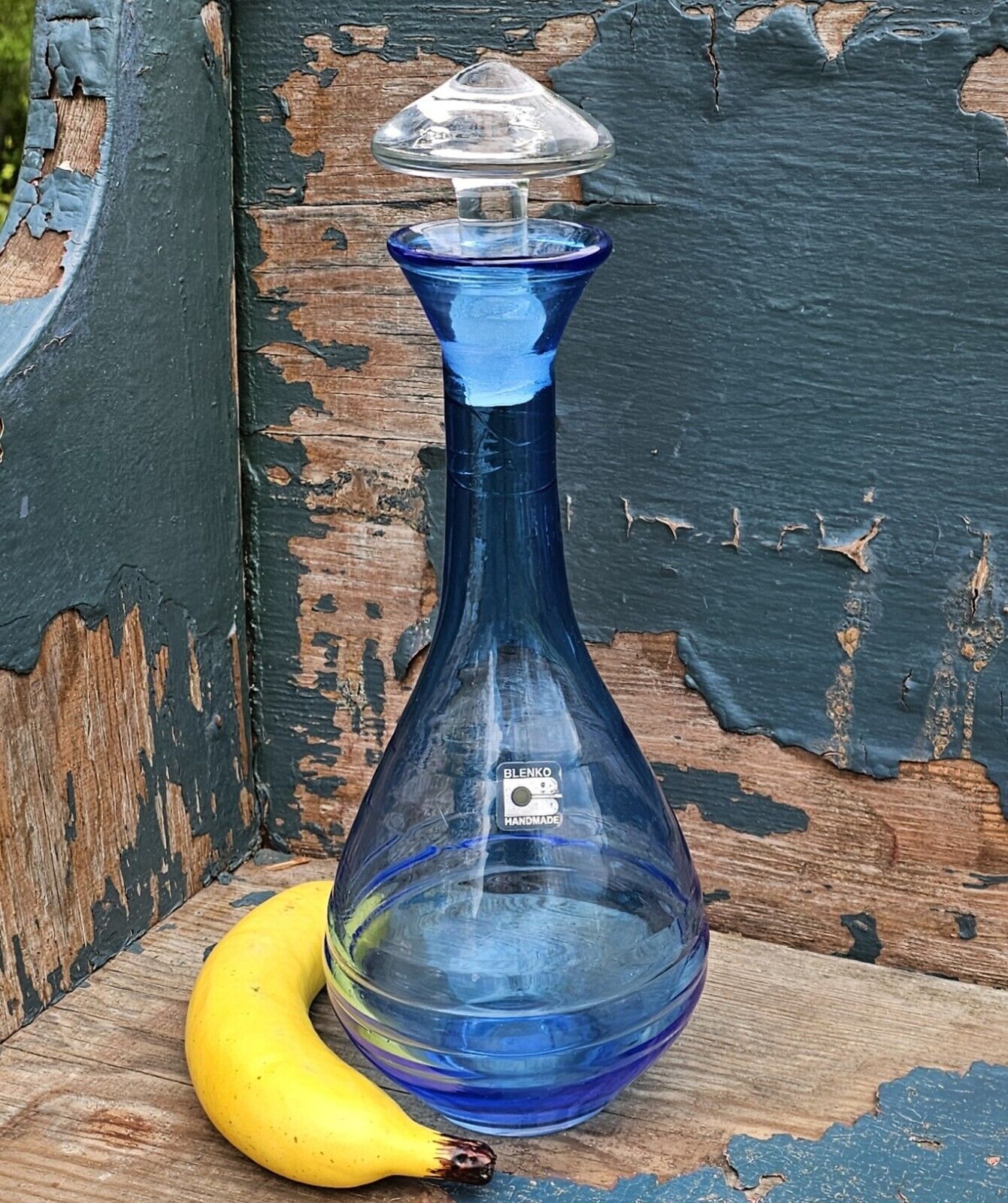 Vintage Blenko Art Glass Blue Hand-Blown Ribbed Genie Decanter w Clear Stopper 