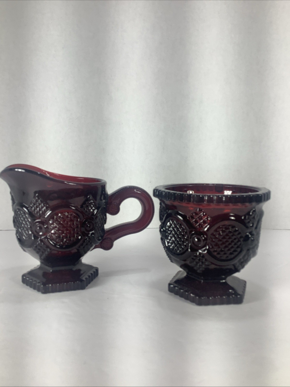 AVON Cape Cod Ruby Red Glass Sugar Bowl and Creamer Set