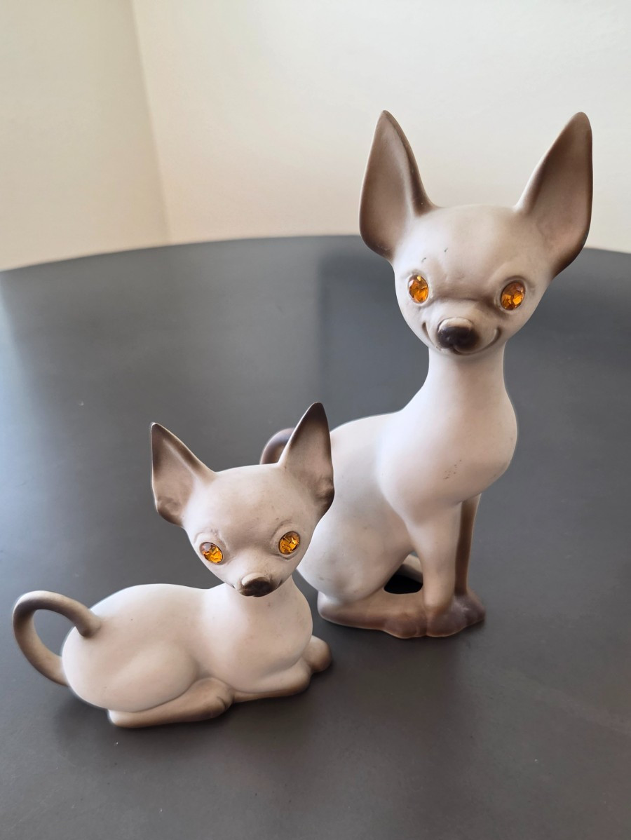 pair of roselane pottery siamese cat figurines vintage - amber sparkler eyes
