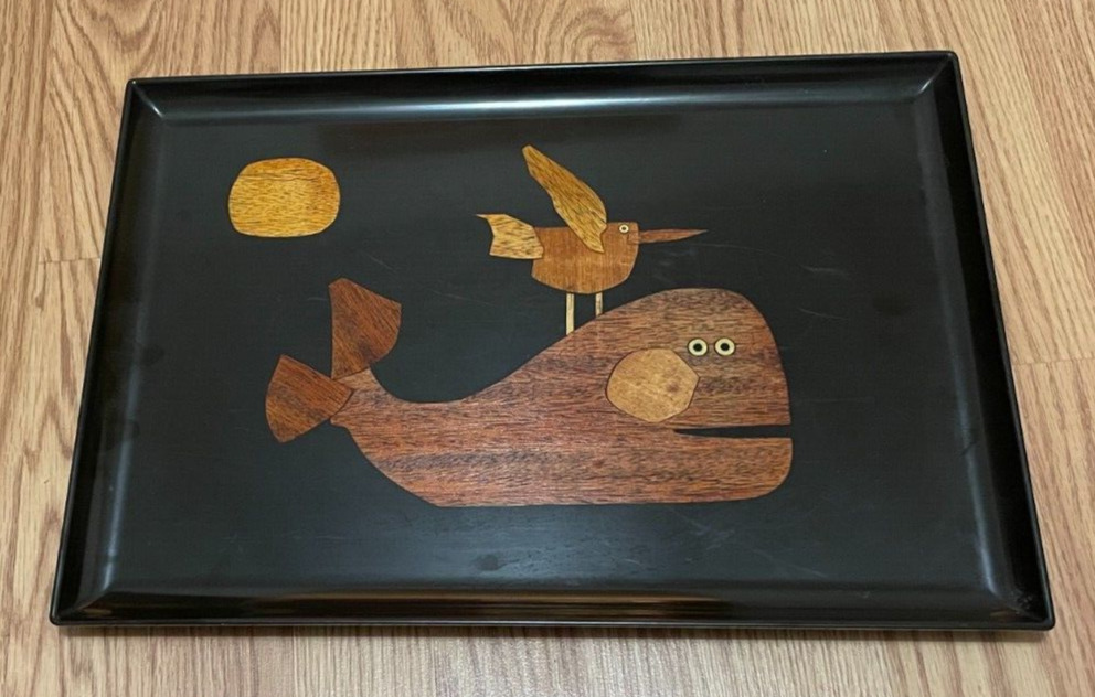 Vintage Couroc Lacquer MCM Cocktail Tray Wood Inlay Whale Bird EXTRA LARGE SIZE