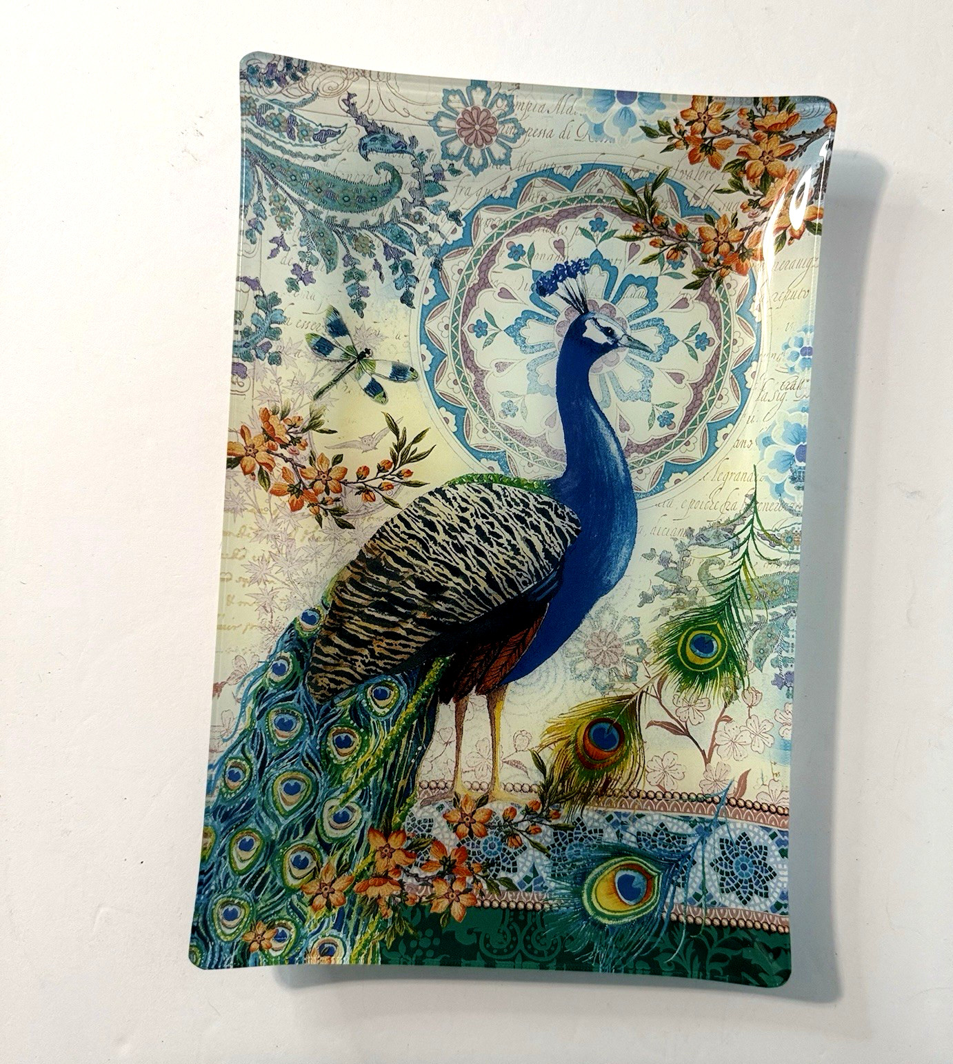 Fringe Studio Royal Peacock Glass Trinket Tray Jewelry Dish Floral Towel Holder