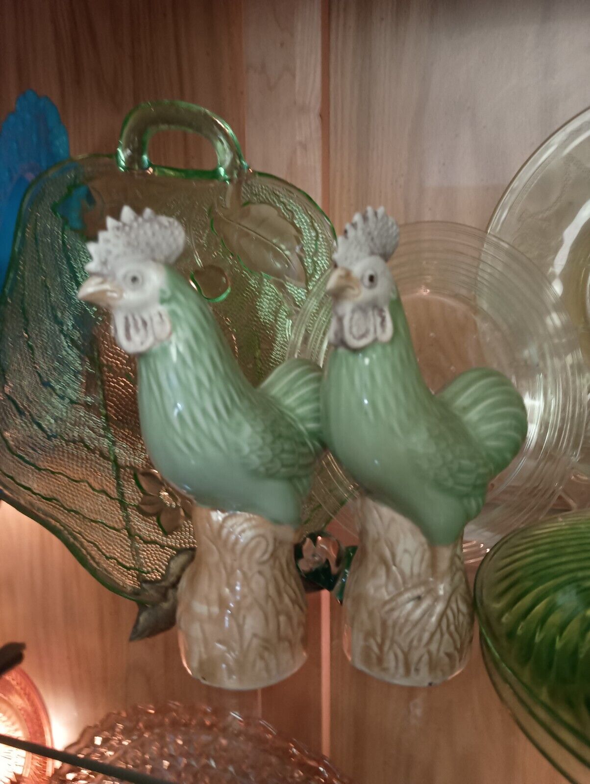 (2) Antique 19th Century Porcelain Chickens Chinese Green Very Rare 