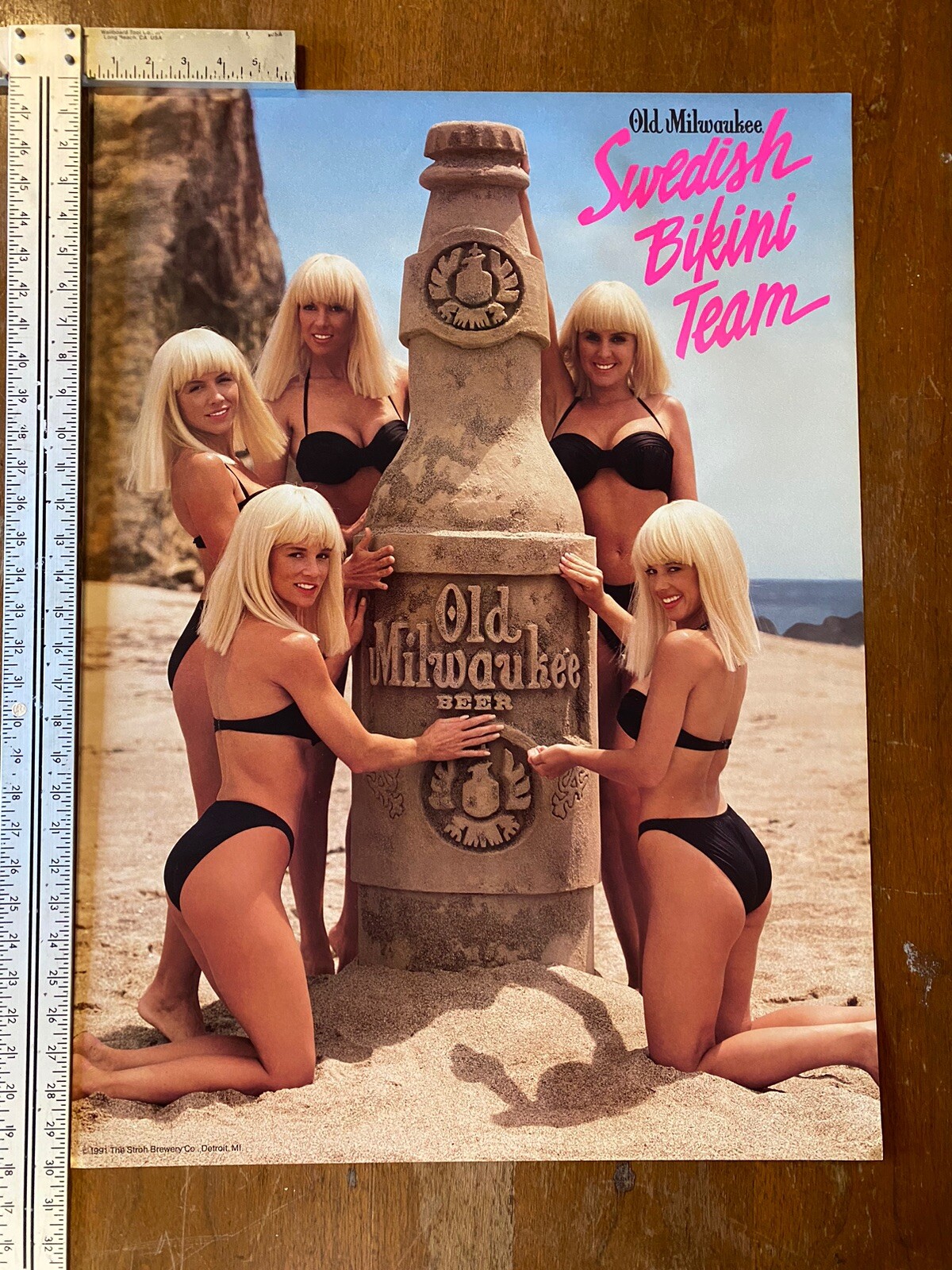 Old Milwaukee Beer Swedish Bikini Team Vintage Poster Sign Double Sided NOS