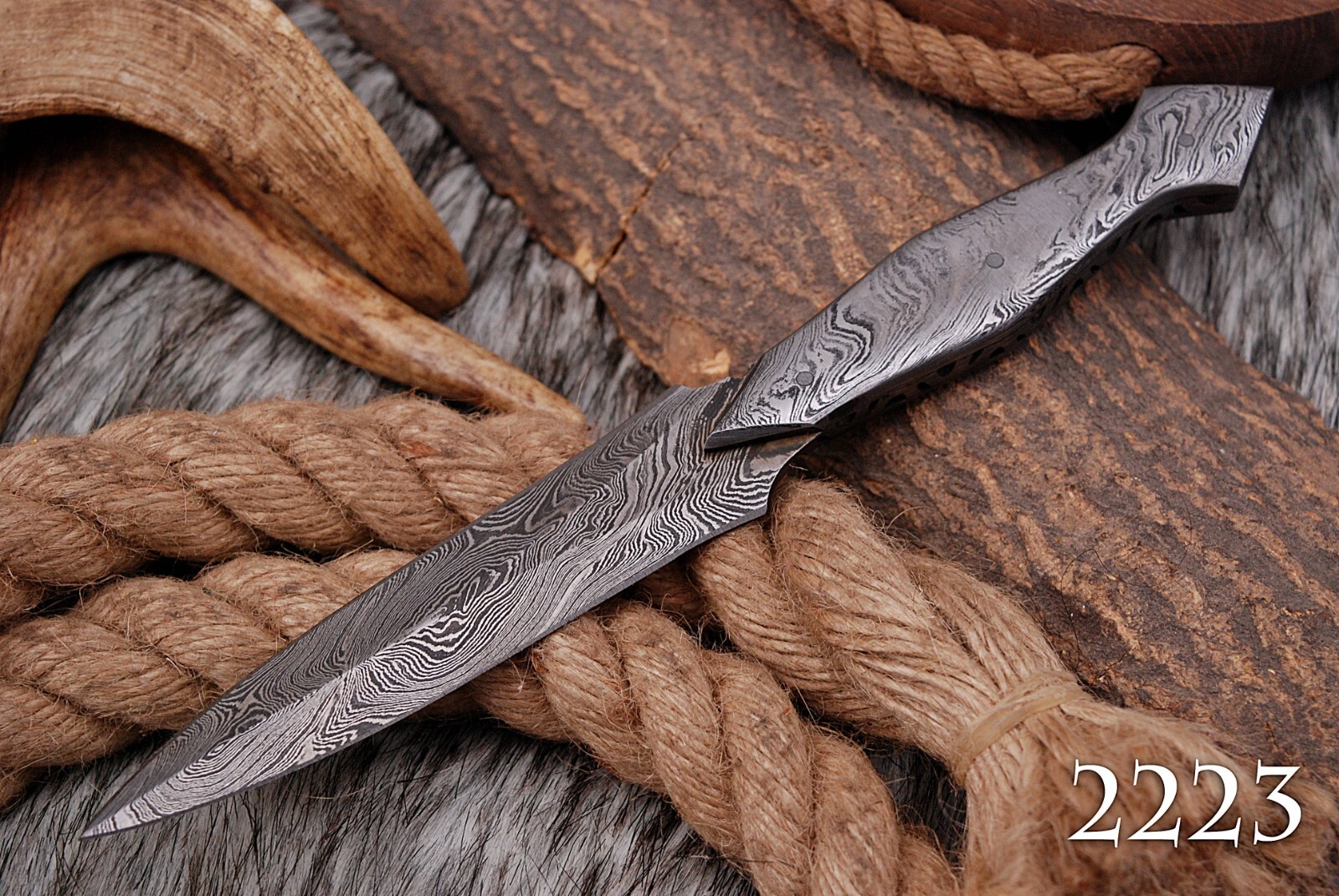hand forged Damascus steel dirk machete knife poniard leather sheath