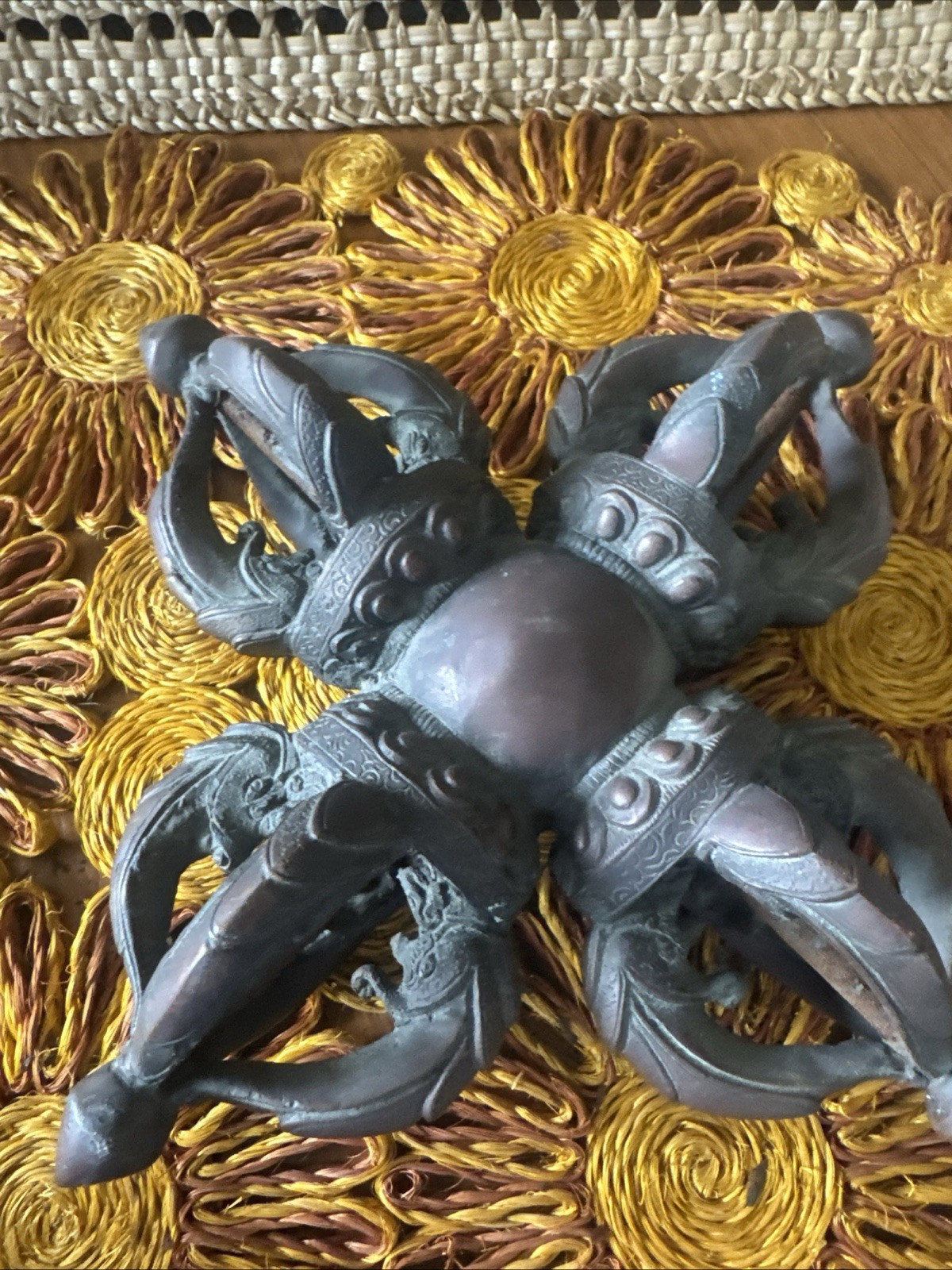 Bronze Tibetan Double Dorje Vajra Cross Vtg Ornate Solid 9\