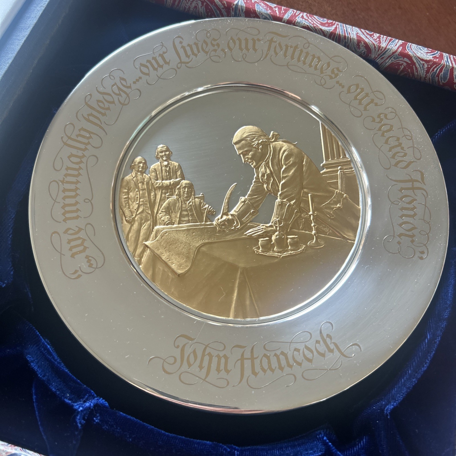1976 Official Bicentennial Year Commemorative Plate John Hancock Silver & Gold