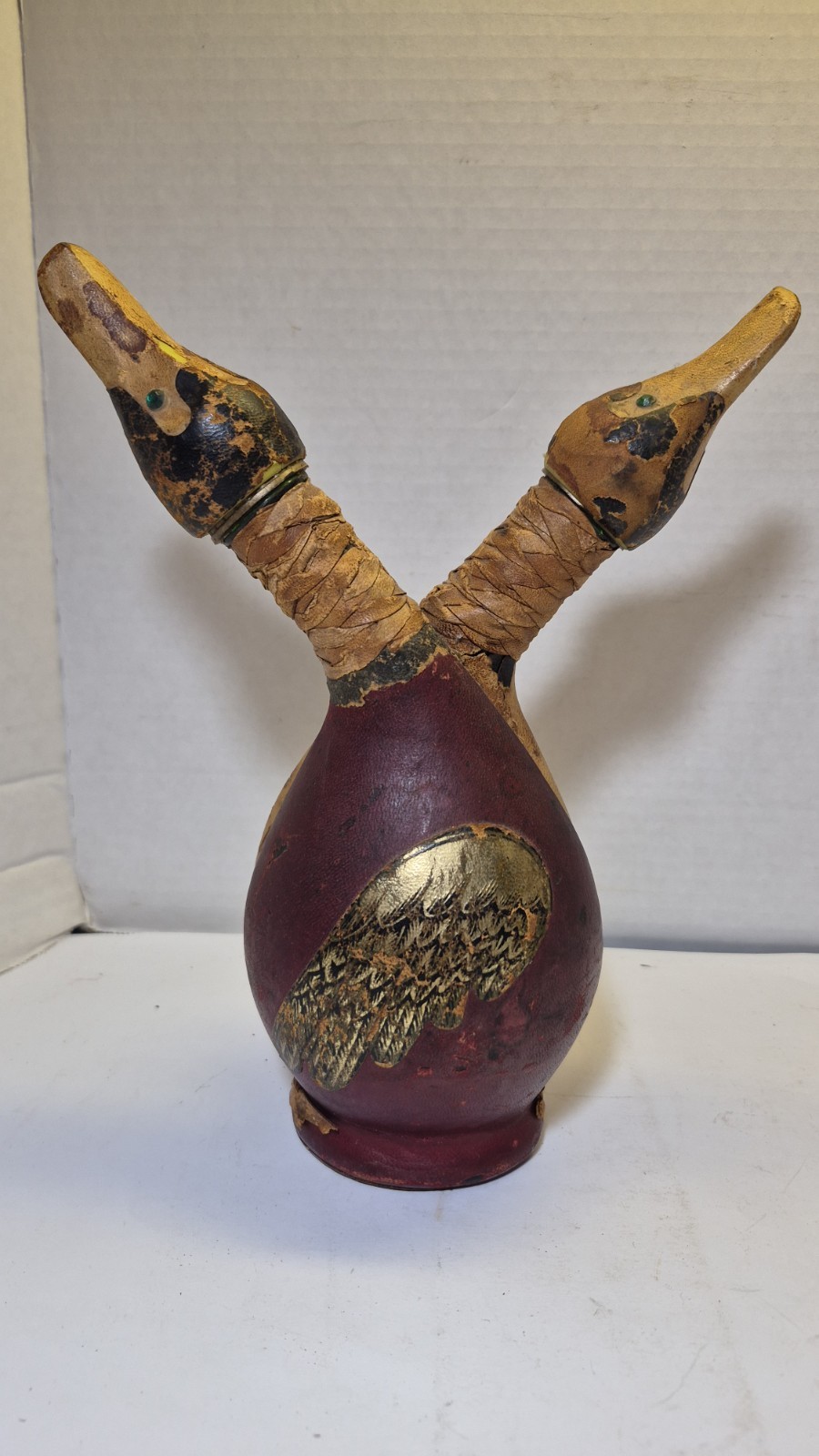 Vintage Duck Oil & Vinegar Cruet Double Dispenser Leather Wrapped Folk Art 9\