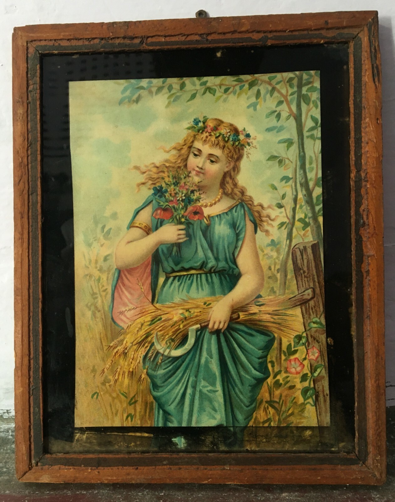 Antique Old Rear German art Print Framed Girl With Flower Collectible Decorative