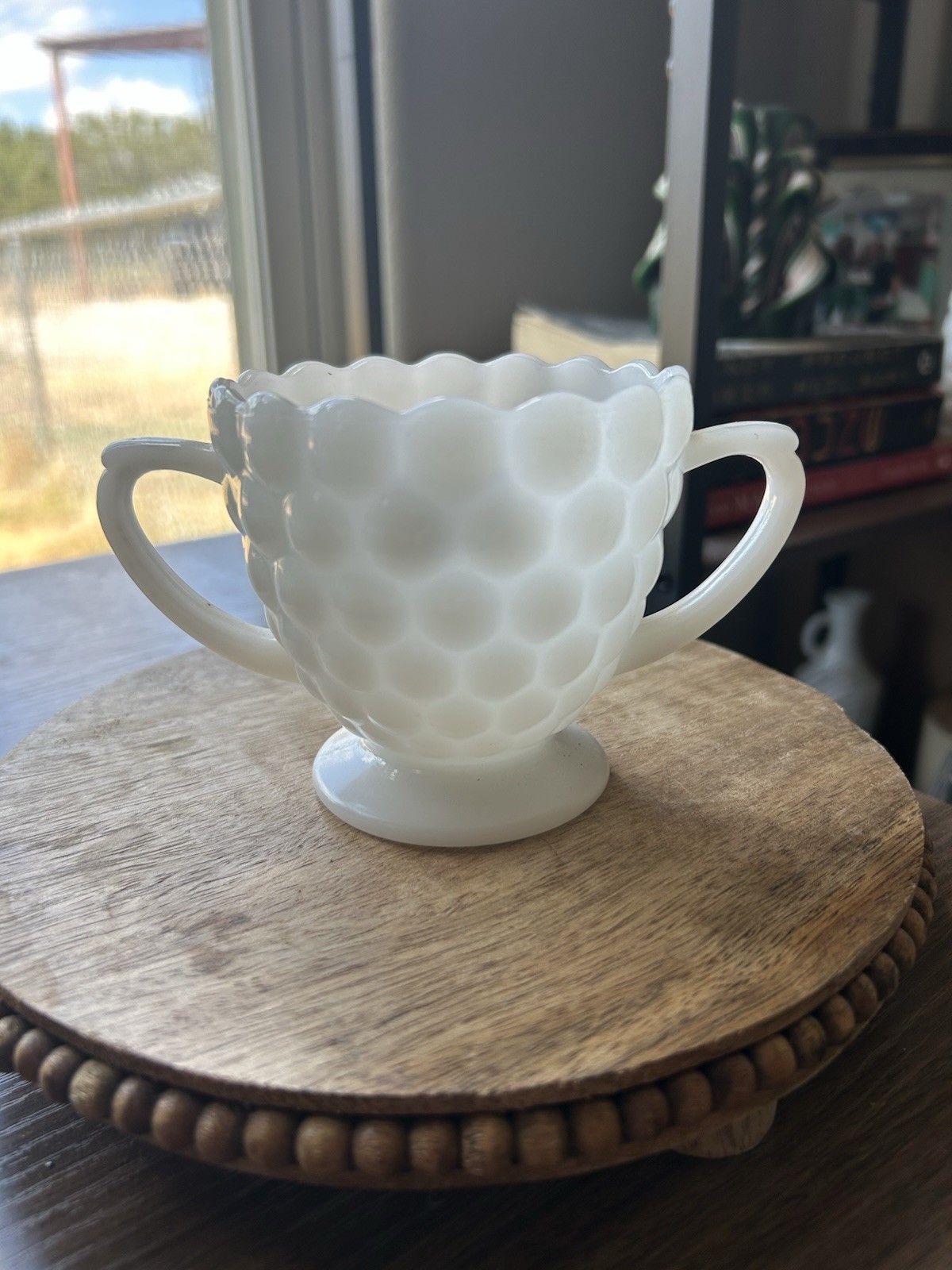 Vintage Bubble Milk Glass Footed Open Sugar Bowl - Double Handle