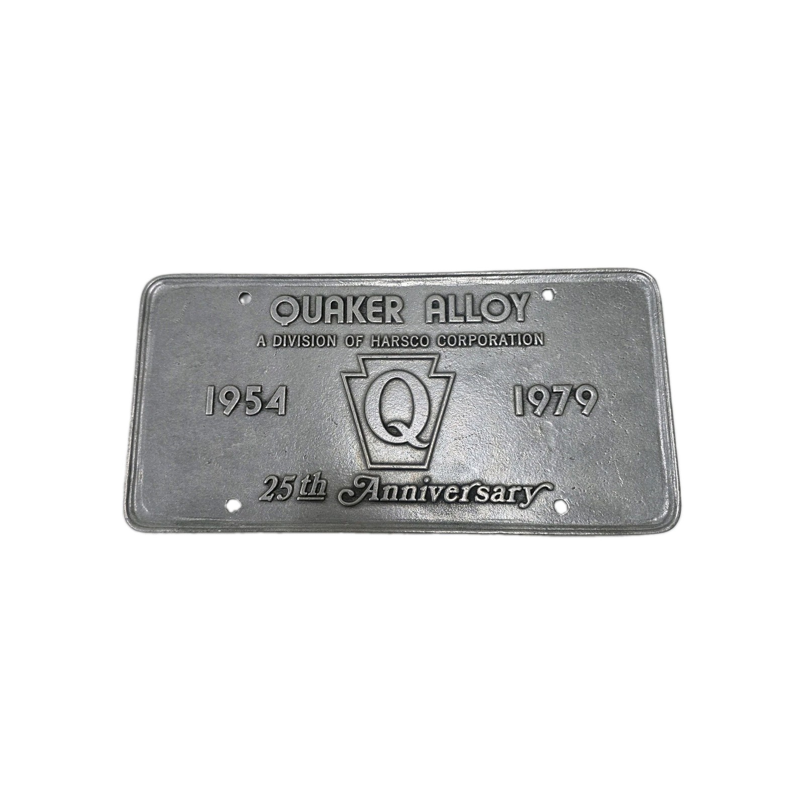 VINTAGE 1979 QUAKER ALLOY 25TH ANNIVERSARY Heavy Duty Front License Plate PEWTER