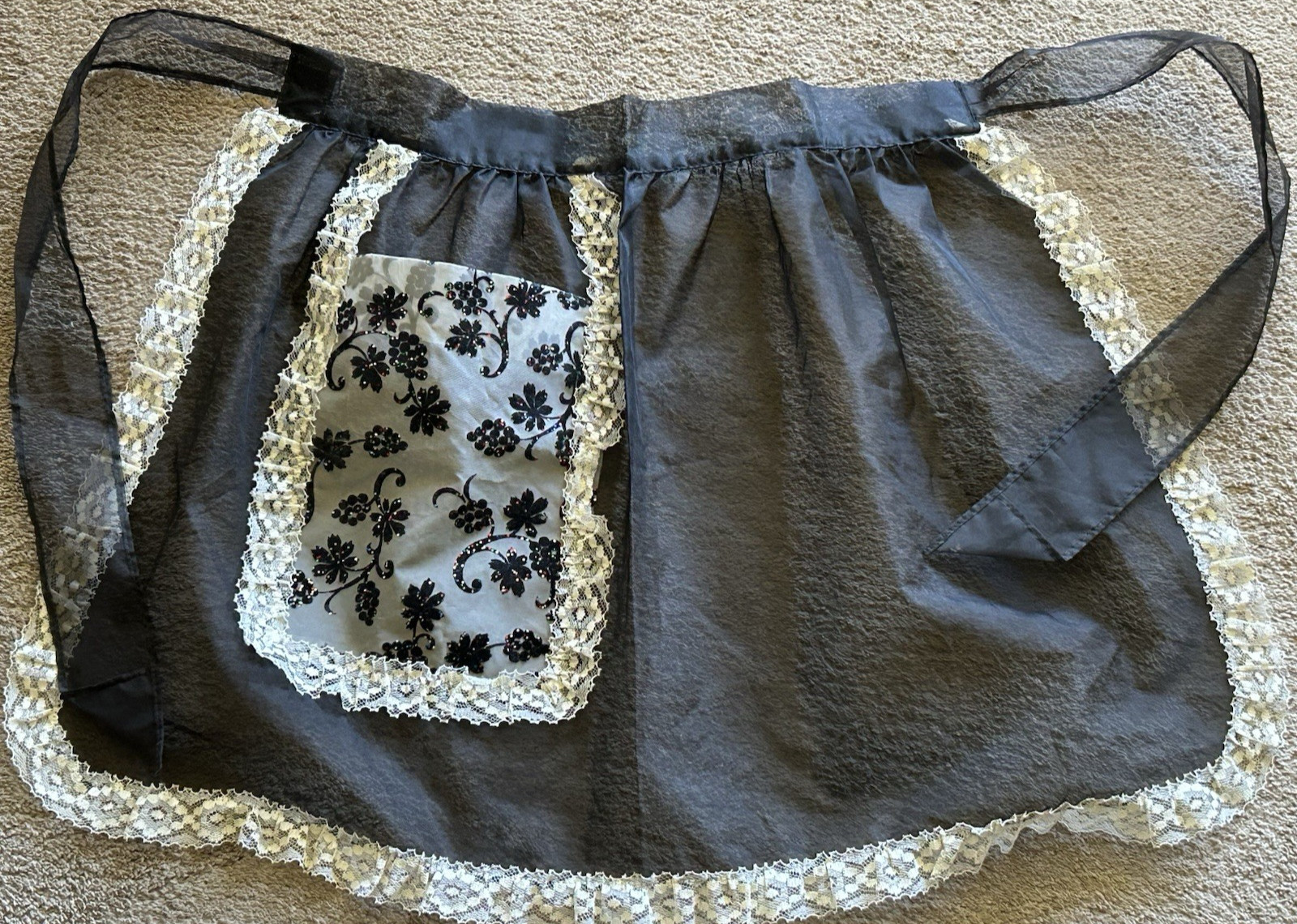 Vintage 1950's Half Apron Hostess Holiday Sheer Black Flocked Pocket w/Glitter