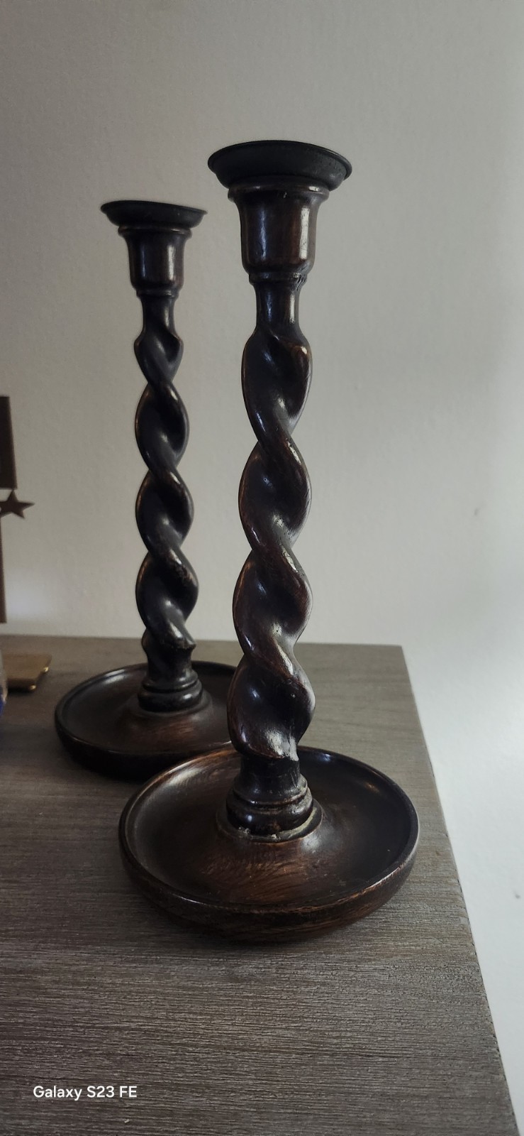 Pair of English Antique Oak Barley & Brass Twist Candle Sticks 12-1/2