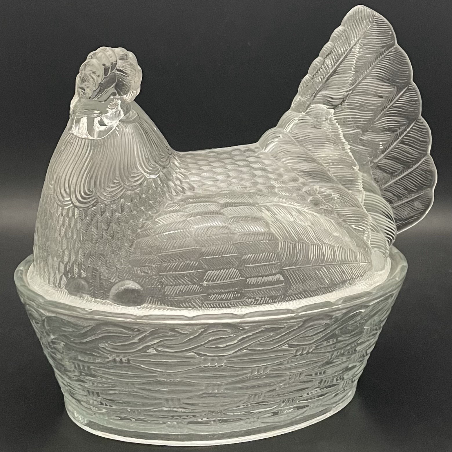 L.G. Wright RARE Jumbo (XL) Clear Glass Hen on Nest Candy Dish c1950s USA 8\