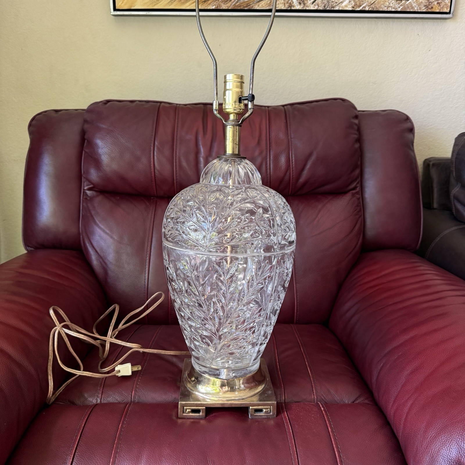 Vintage French style cut crystal bulbous table lamp Greek key base 31.5”tall.