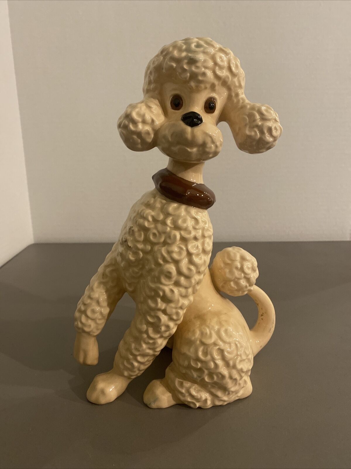 Tan Poodle Ceramic Figurine - Brown Collar - Vintage