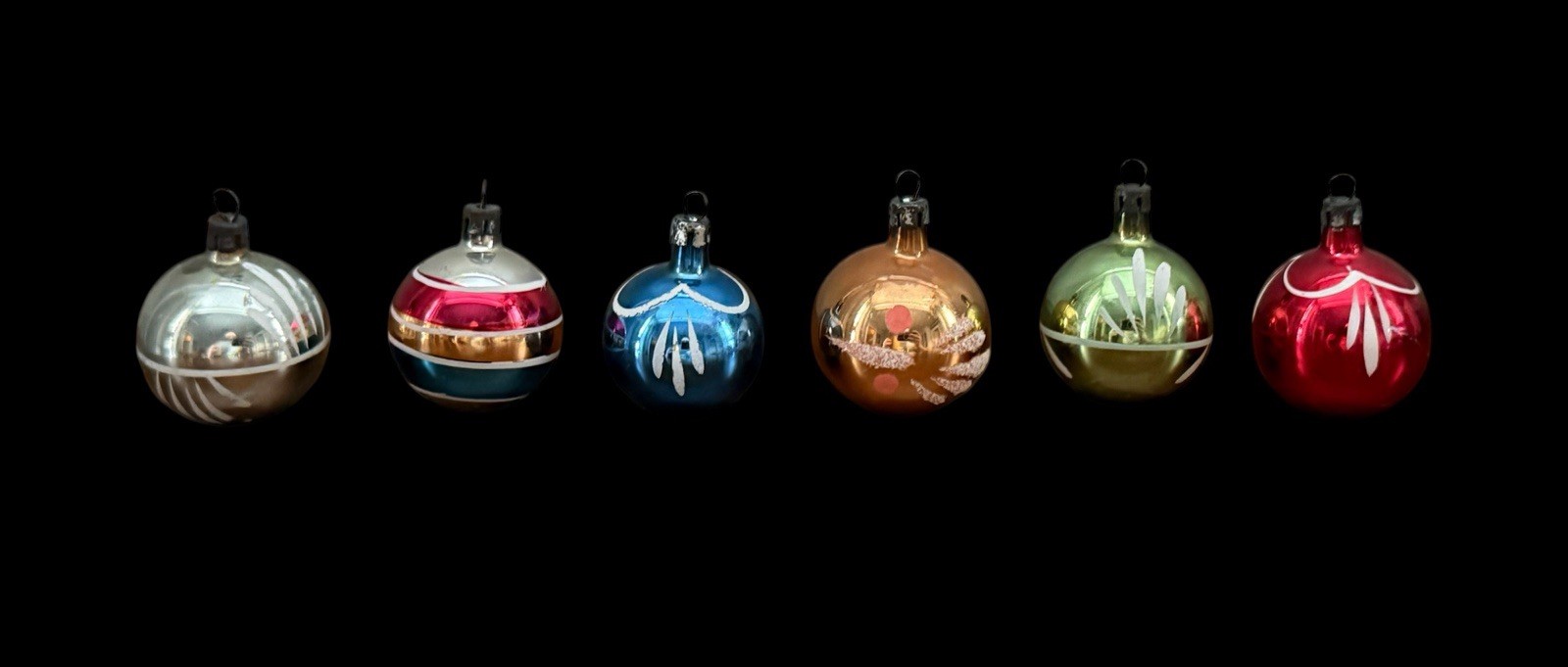 6 VTG Mini Mercury Glass Christmas Hand Painted Ornaments Stripes Glitter Mico