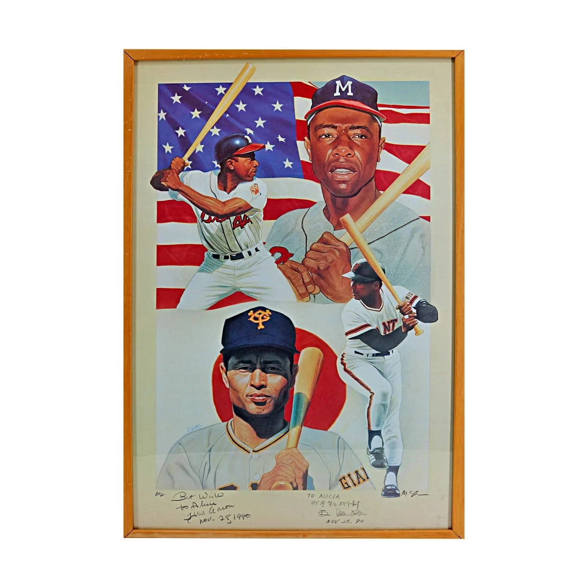 Hank Aaron Sadaharu Oh Dual Signed Autograph Framed 17x25 Photo Lithograph JSA