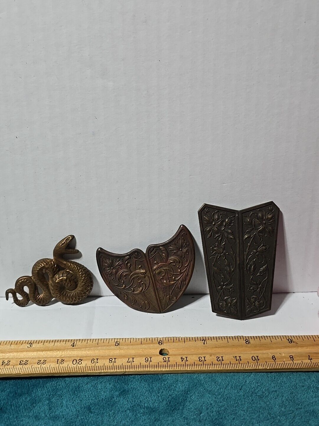 3pc Vintage Antique Brass Lot - Snake, Shields, 2-3